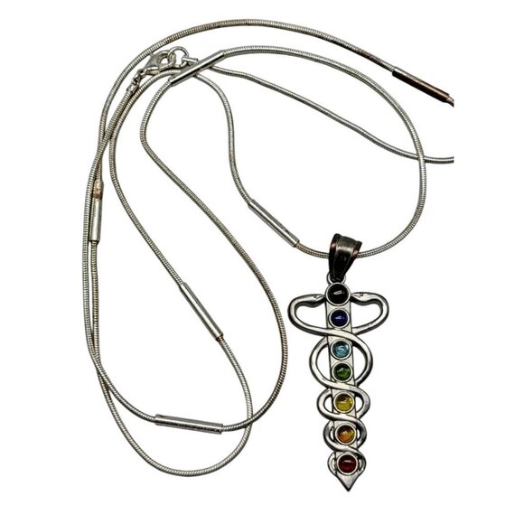 Chakra Healing Caduceus Pendant Necklace Faux Gemstones 35" Chain Silver Tone - Picture 2 of 16
